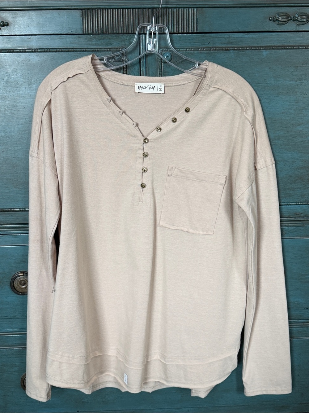 New in Women’s Beige Long-Sleeve Henley Top with Pocket